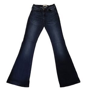 KanCan Flared Jeans Juniors 7/27 Dark Blue Mid Rise Stretch Denim Whiskered Fade
